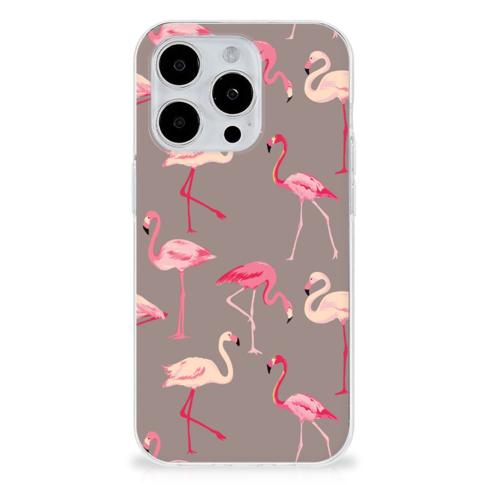 iPhone 15 Pro TPU Hoesje Flamingo met kleurrijke flamingo's op een neutrale achtergrond 🦩.