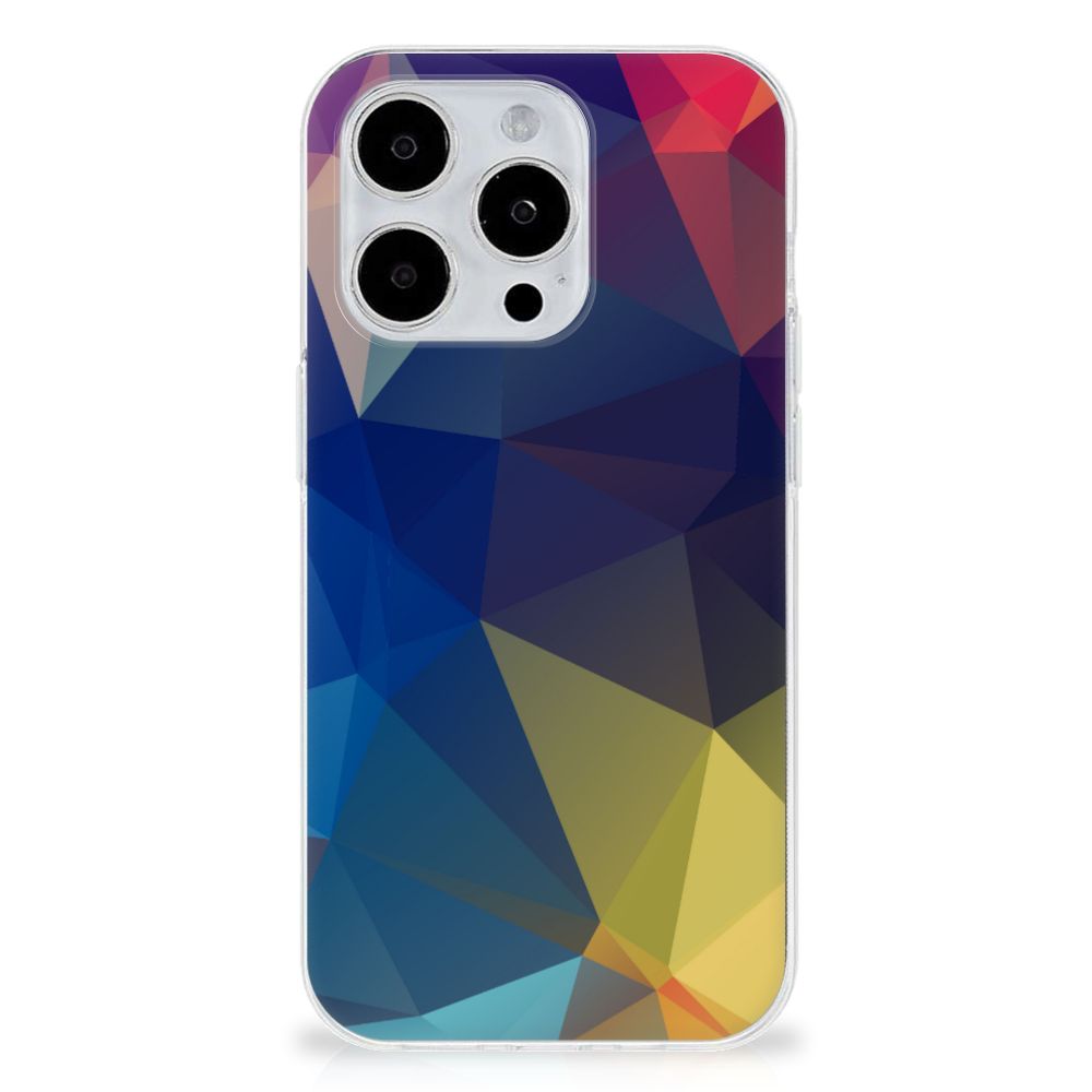 iPhone 15 Pro TPU Hoesje Polygon Dark met abstracte veelhoeken in levendige kleuren.