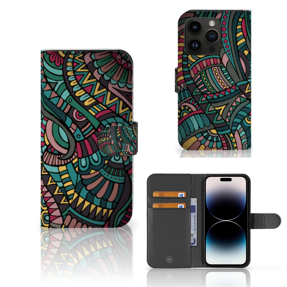 iPhone 15 Pro Telefoon Hoesje Aztec met kleurrijk design en ruimte voor drie pasjes.