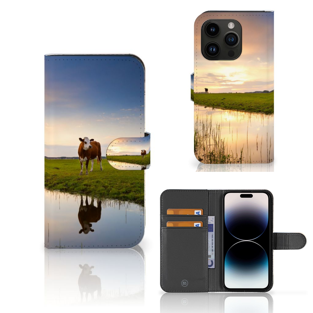 iPhone 15 Pro Telefoonhoesje met Pasjes Koe met koe in weiland en reflectie in water đ