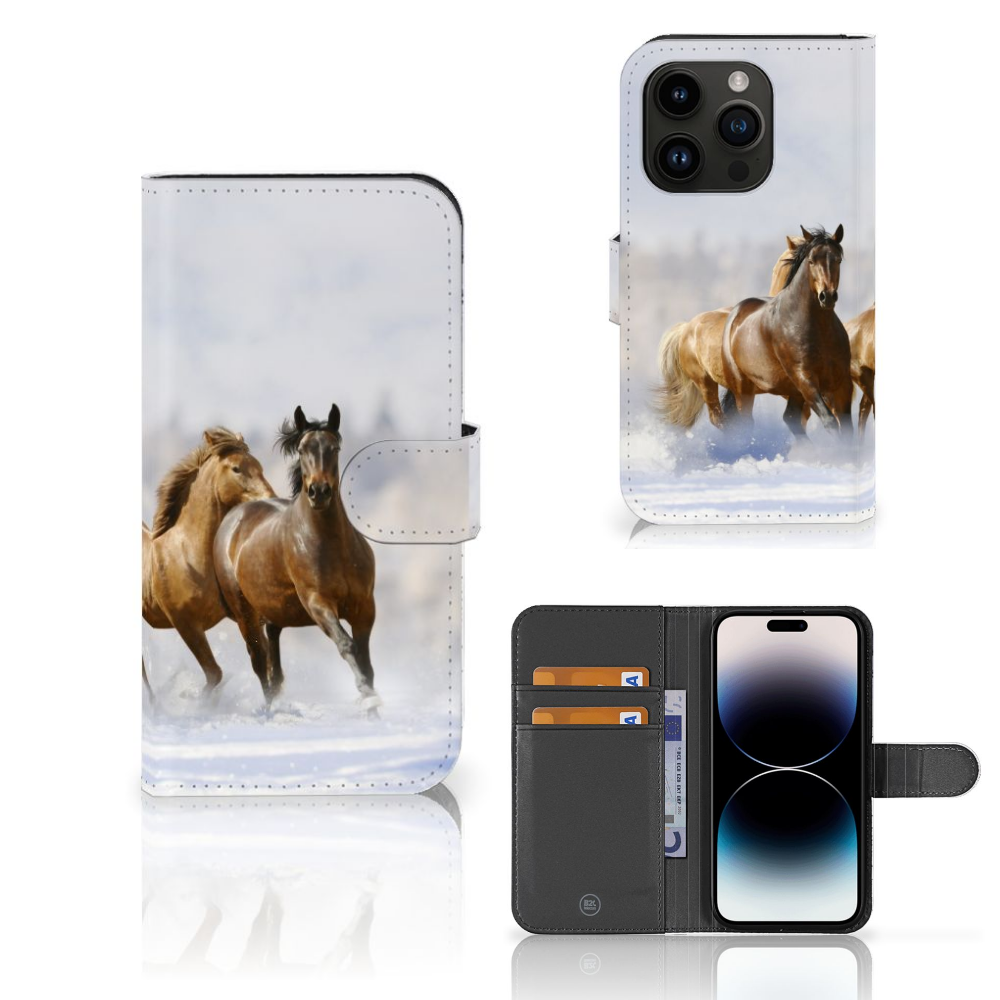 iPhone 15 Pro Telefoonhoesje met Pasjes Paarden met paardenontwerp voor paardenliefhebbers, praktischer en stijlvol.