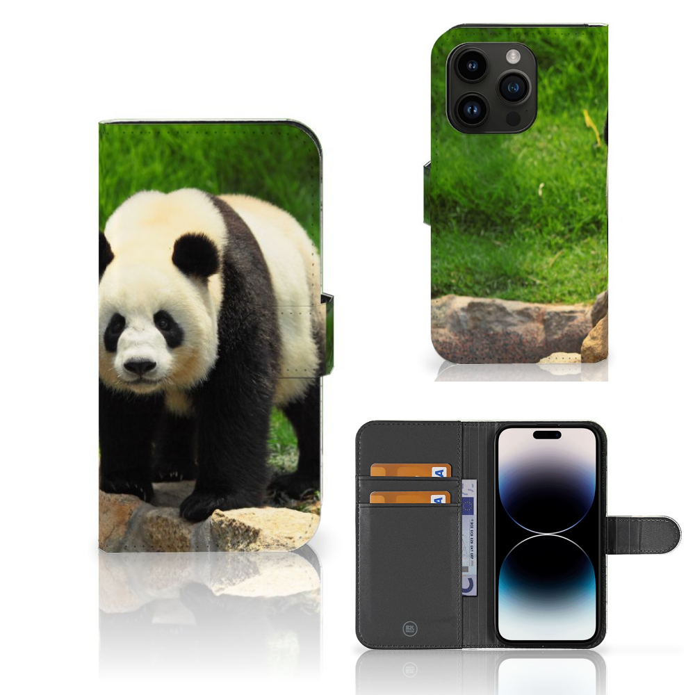 iPhone 15 Pro Telefoonhoesje met Pasjes Panda met schattige panda afgedrukt op het hoesje đŧ.
