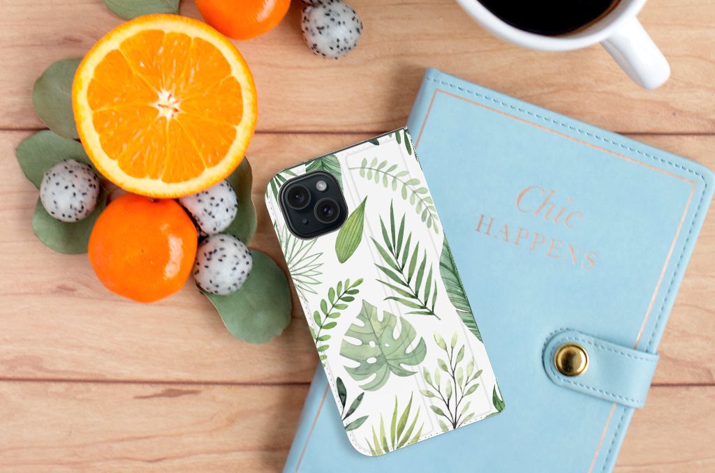 Apple iPhone 15 Smart Cover Leaves blad patroon smartphone hoes met groene bladeren
