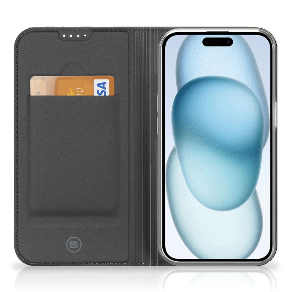 iPhone 15 Stand Case Zwart Roze Vormen zwart wit design aanzicht