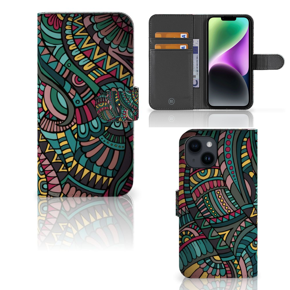 iPhone 15 Telefoon Hoesje Aztec met kleurrijk design en ruimte voor drie pasjes đ.