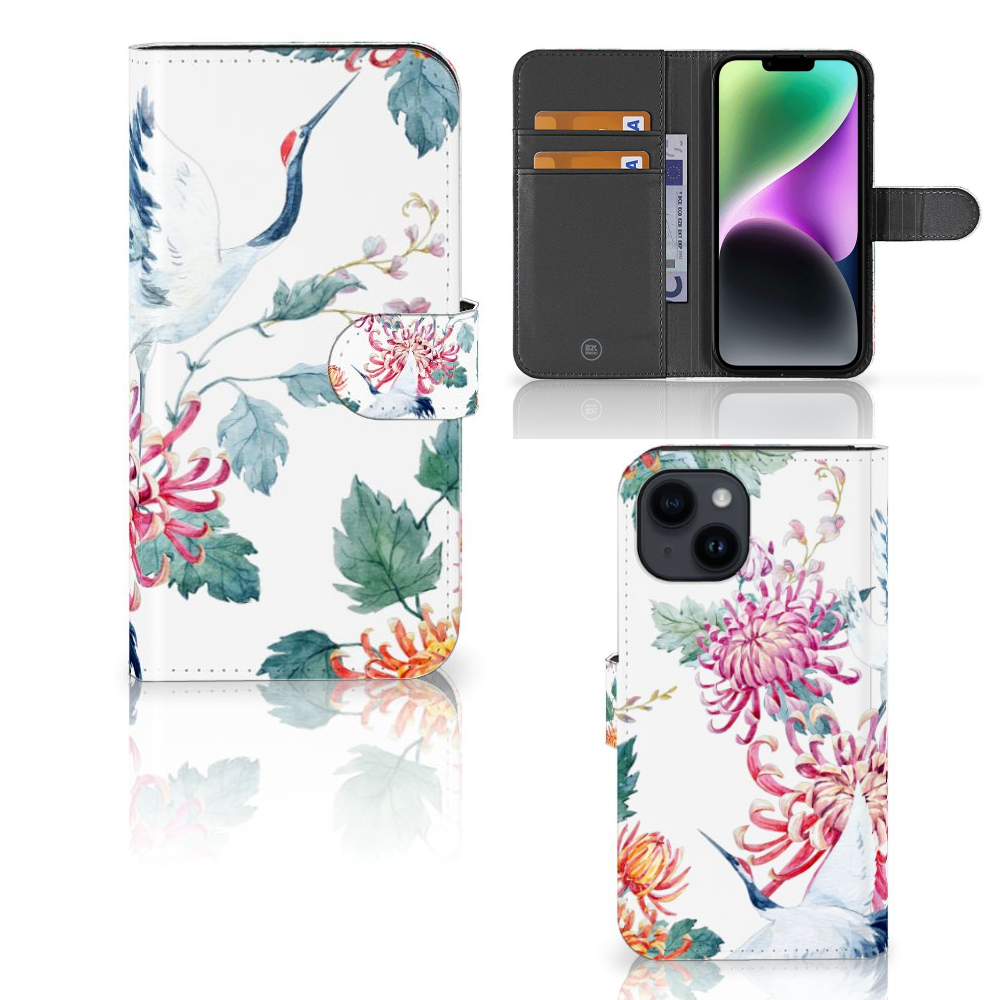 iPhone 15 Telefoonhoesje met Pasjes Bird Flowers met kleurrijke ooievaar en bloemen đĻŠ