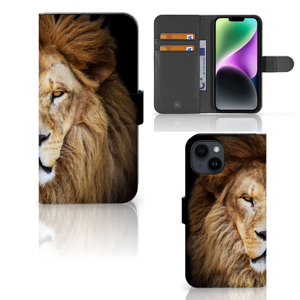 iPhone 15 Telefoonhoesje met Pasjes Leeuw met krachtige leeuw afbeeldingen en binnenkant voor kaartjes.