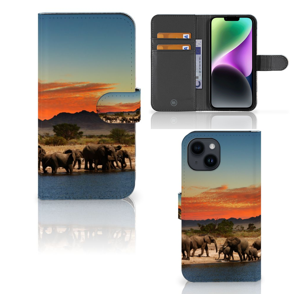 iPhone 15 Telefoonhoesje met Pasjes Olifanten design olifanten aanzicht