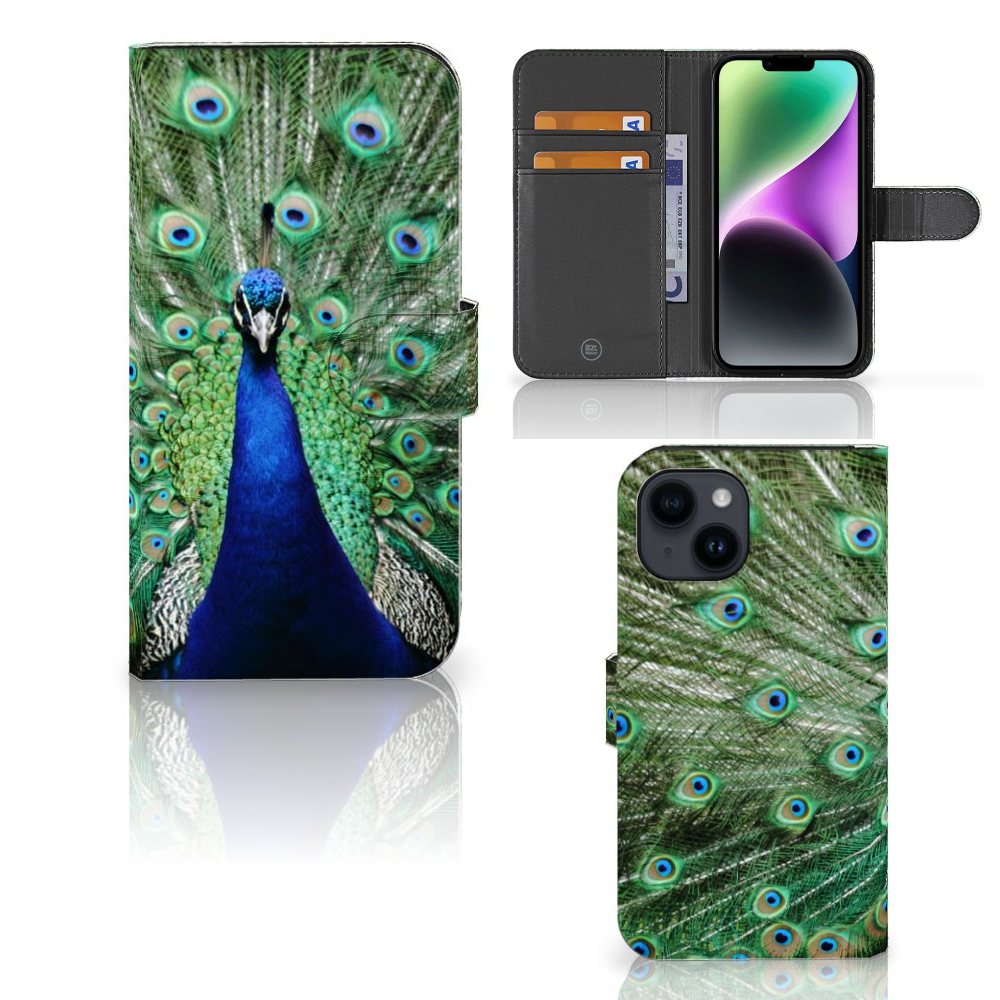iPhone 15 Telefoonhoesje met Pasjes Pauw met prachtig pauwenontwerp en handige vakken voor pasjes.