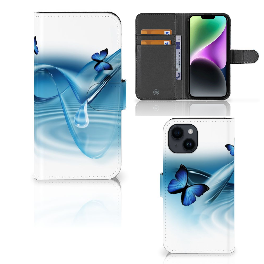 iPhone 15 Telefoonhoesje met Pasjes Vlinders - blauw met golven en vlinders đĻ