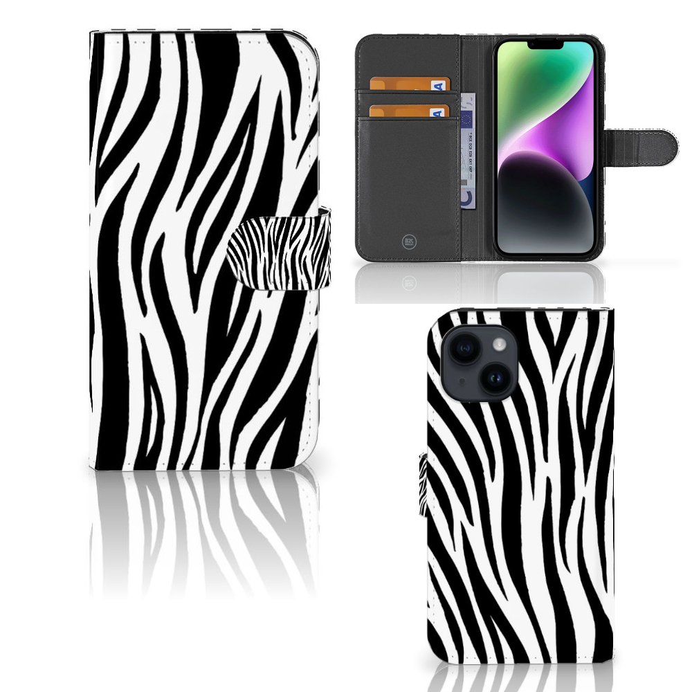 iPhone 15 Telefoonhoesje met Pasjes Zebra in zebraprint met ruimte voor 3 pasjes, stijlvolle en unieke uitstraling đĻ.