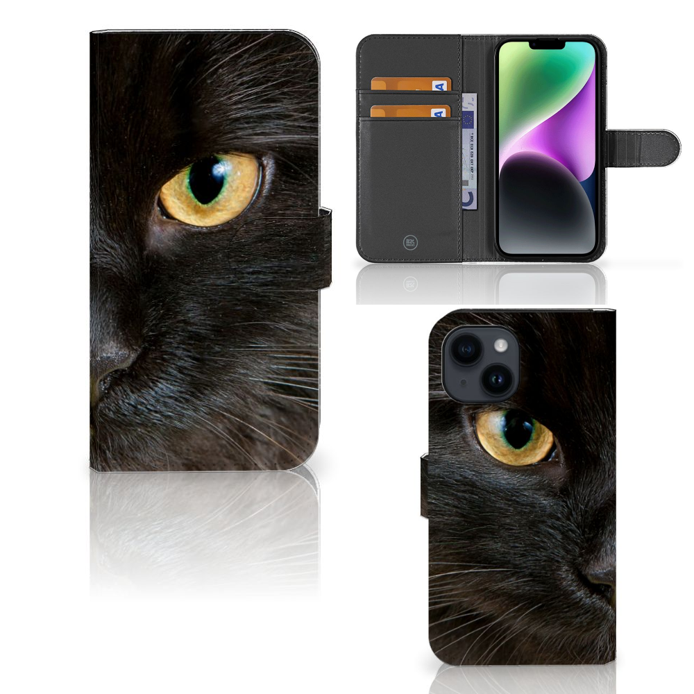iPhone 15 Telefoonhoesje met Pasjes Zwarte Kat - ontwerp met een close-up van een zwarte kat đą.