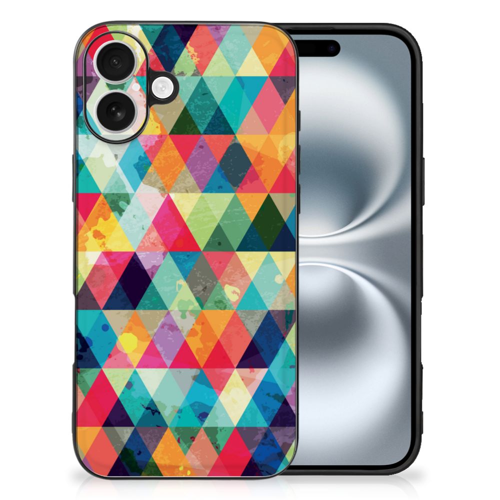 Apple iPhone 16 Back Case Geruit patroon kleurrijk ontwerp achteraanzicht