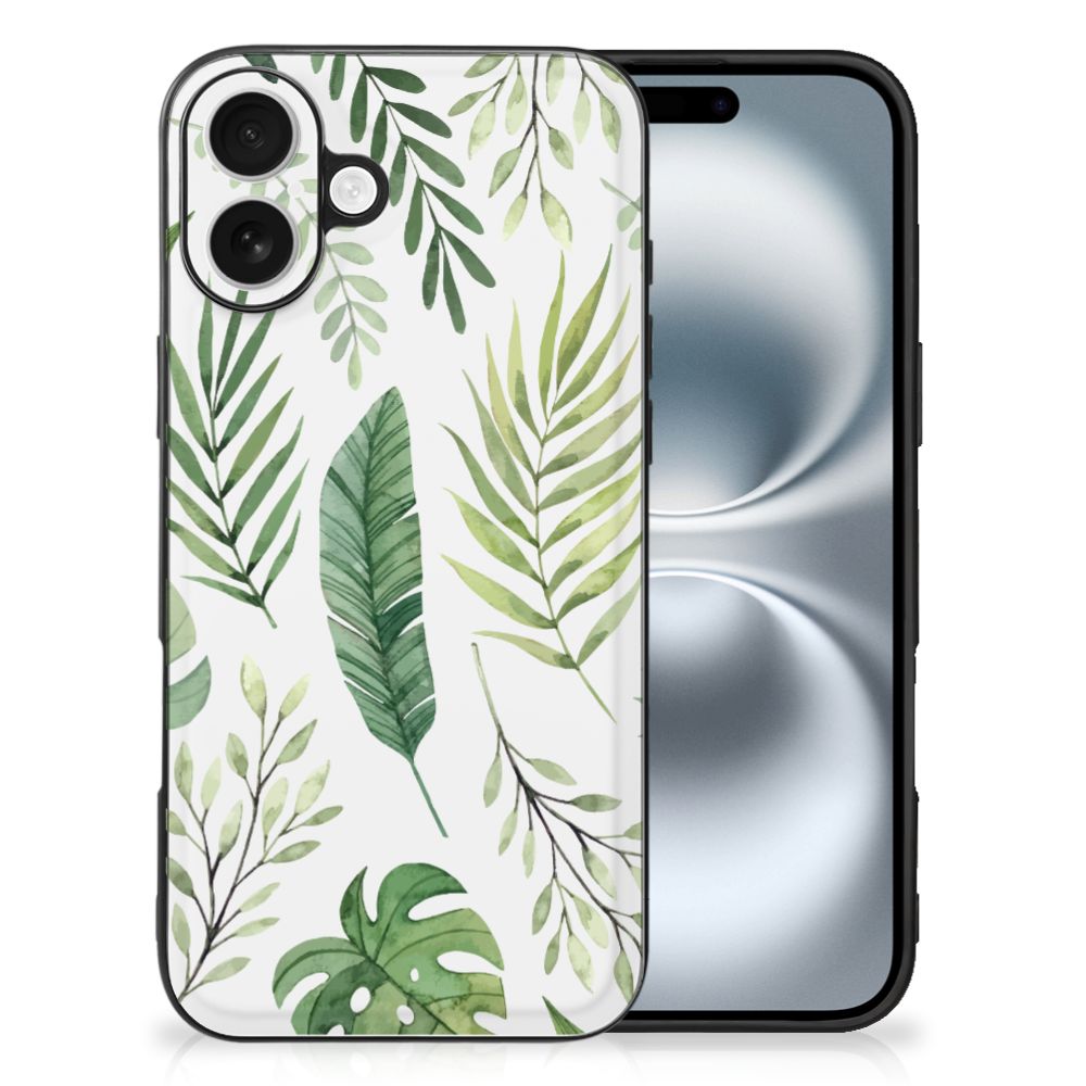 Apple iPhone 16 Bloemen Hoesje Leaves achterzijde bladeren design groene tinten