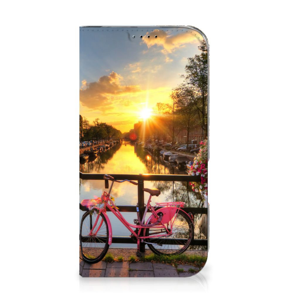 iPhone 16 Book Cover Amsterdamse Grachten ontwerp fiets zonsondergang aanzicht