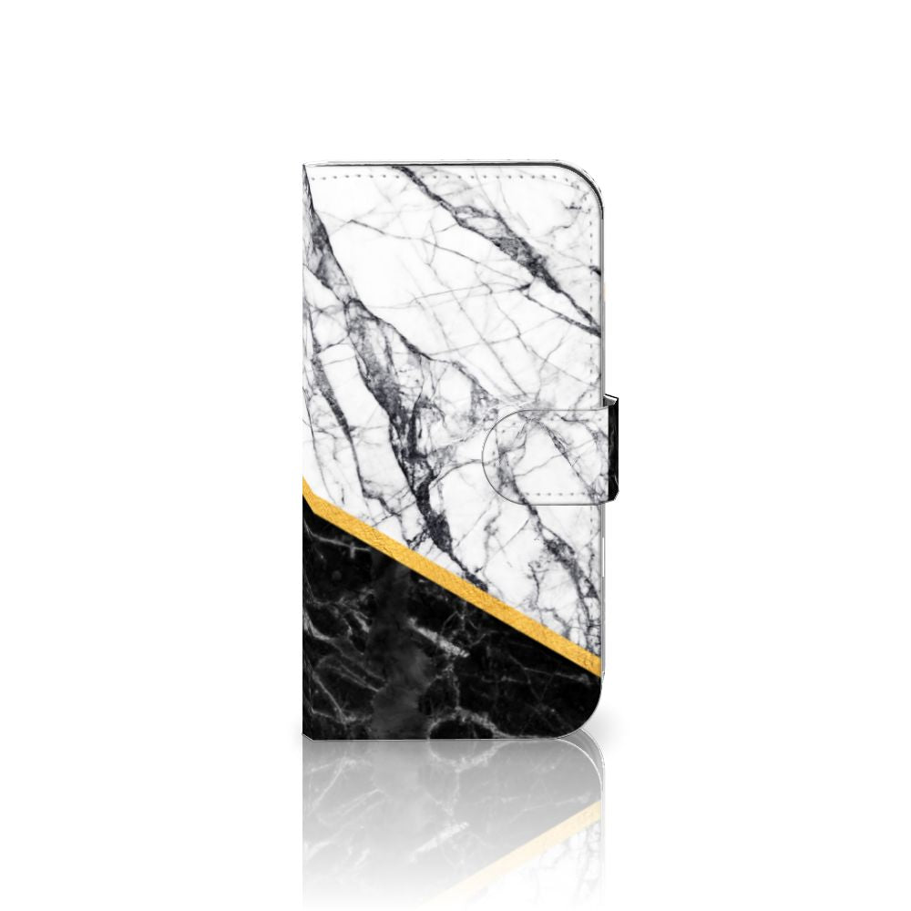 iPhone 16 Bookcase Marmer Wit Zwart designboekcase vooraanzicht