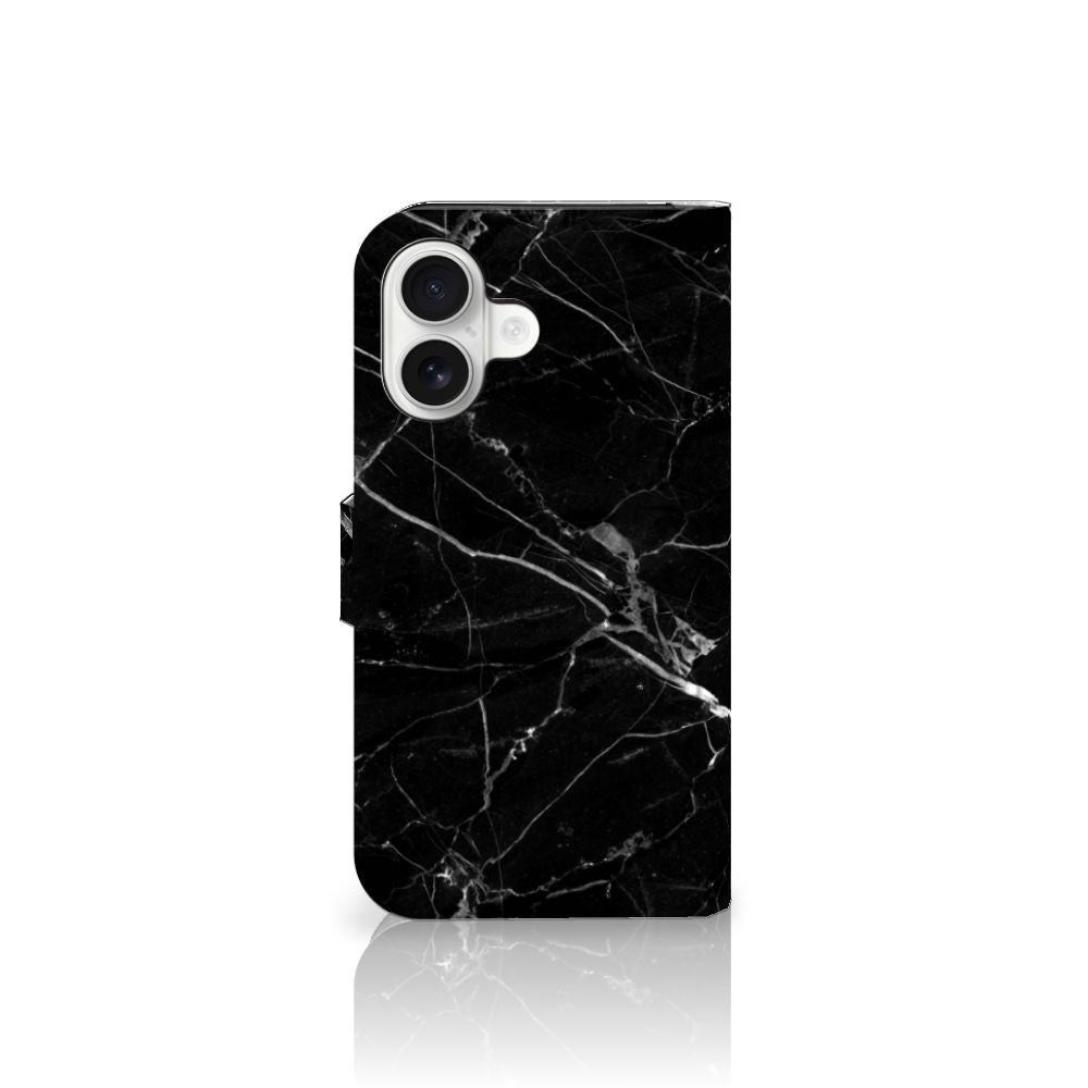 iPhone 16 Bookcase Marmer Zwart telefoonhoesje zwart marmer aanzicht
