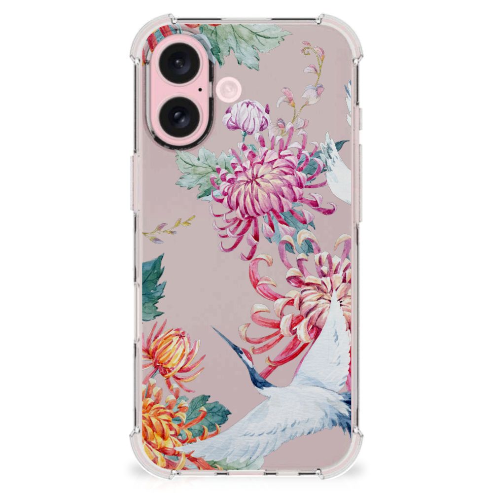 iPhone 16 Case Anti-shock Bird Flowers voorkant design met bloemen en vogel