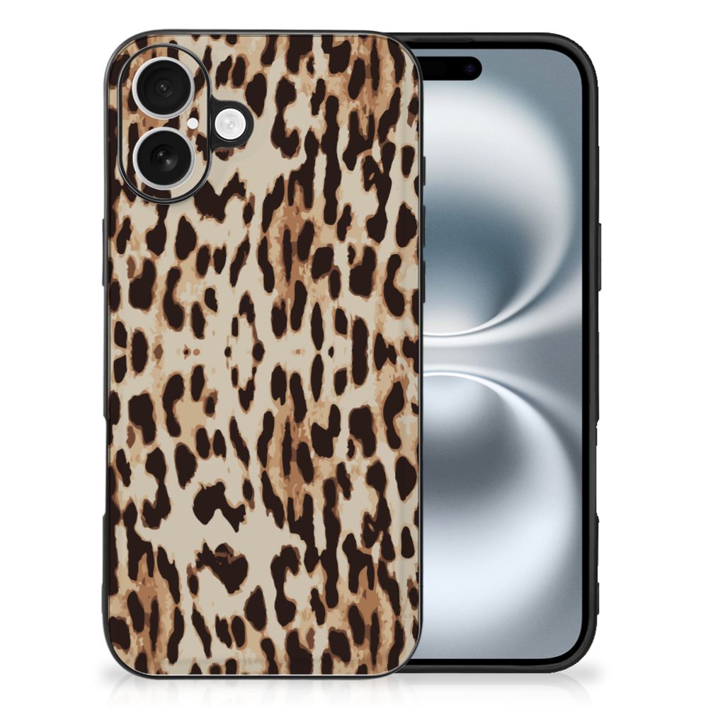Apple iPhone 16 Dierenprint Telefoonhoesje Leopard dierenprint achterkant zwart