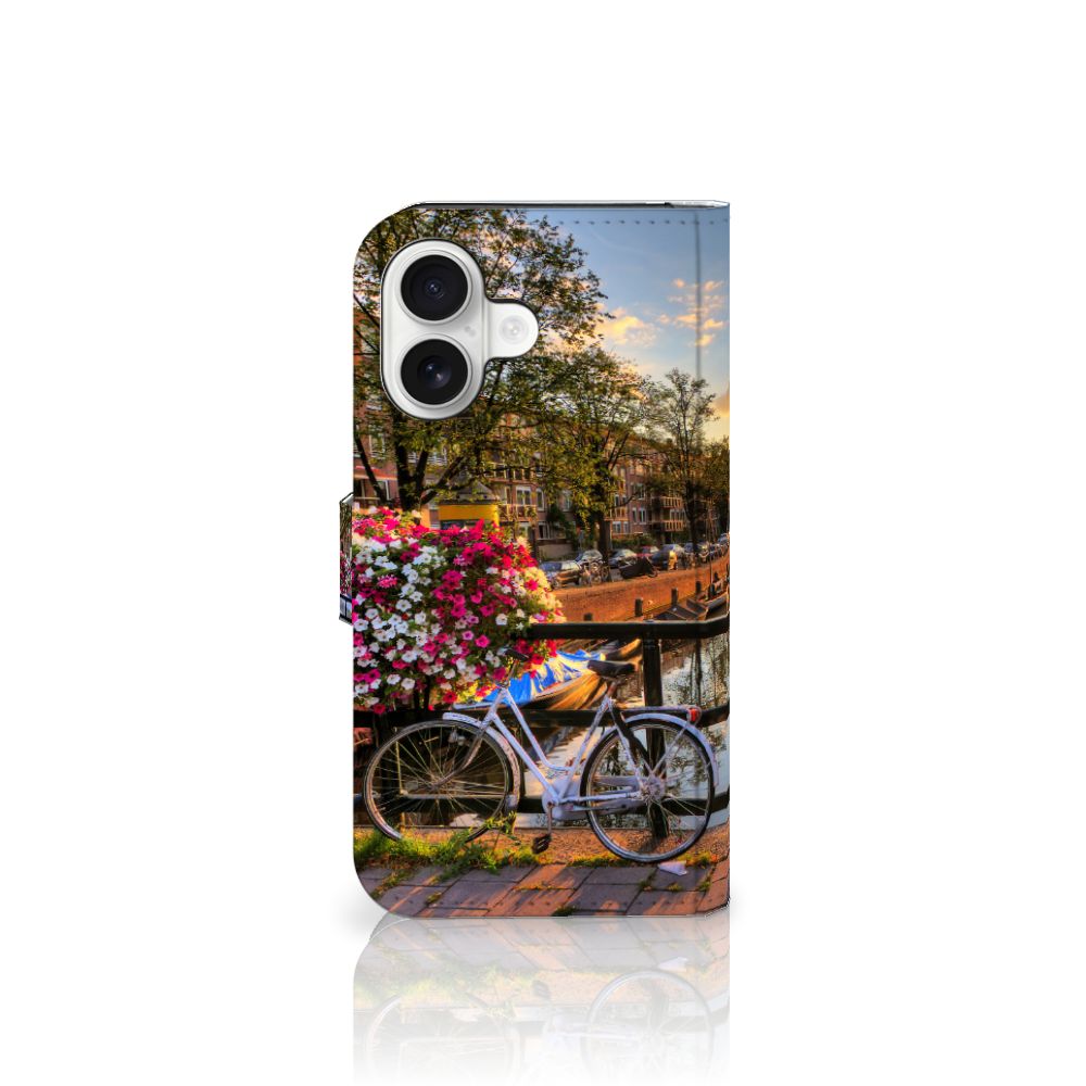 iPhone 16 Flip Cover Amsterdamse Grachten telefoonhoesje bloemen fiets vooraanzicht