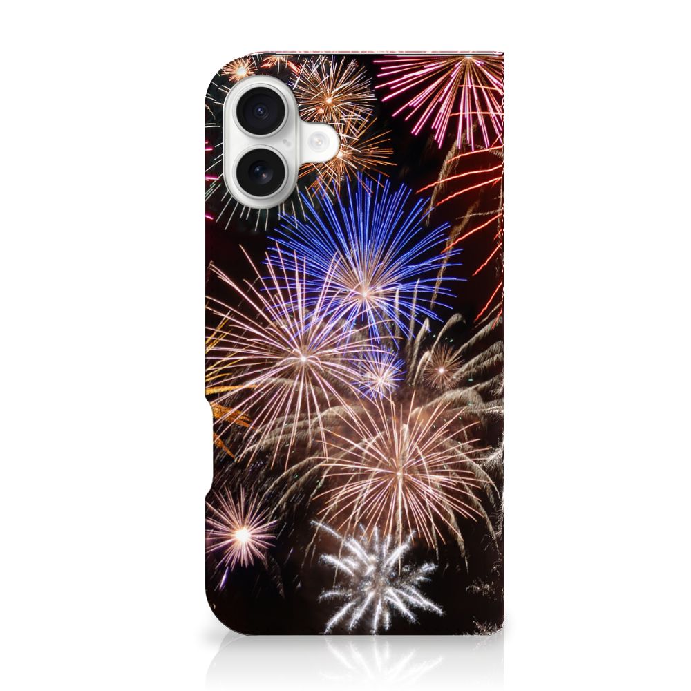 iPhone 16 Plus Hippe Standcase Vuurwerk siervuurwerk kleurrijk aanzicht