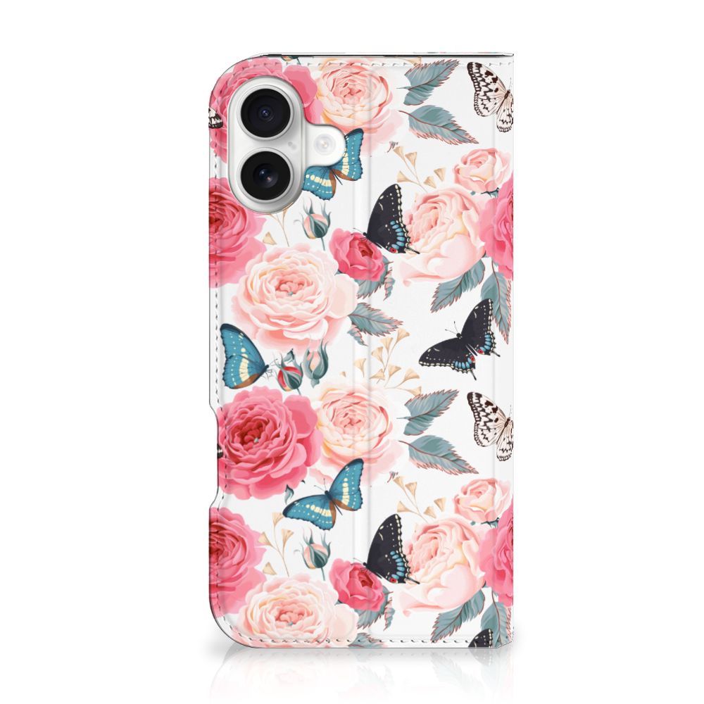 iPhone 16 Plus Smart Cover Butterfly Roses voorzijde met bloemen en vlinders