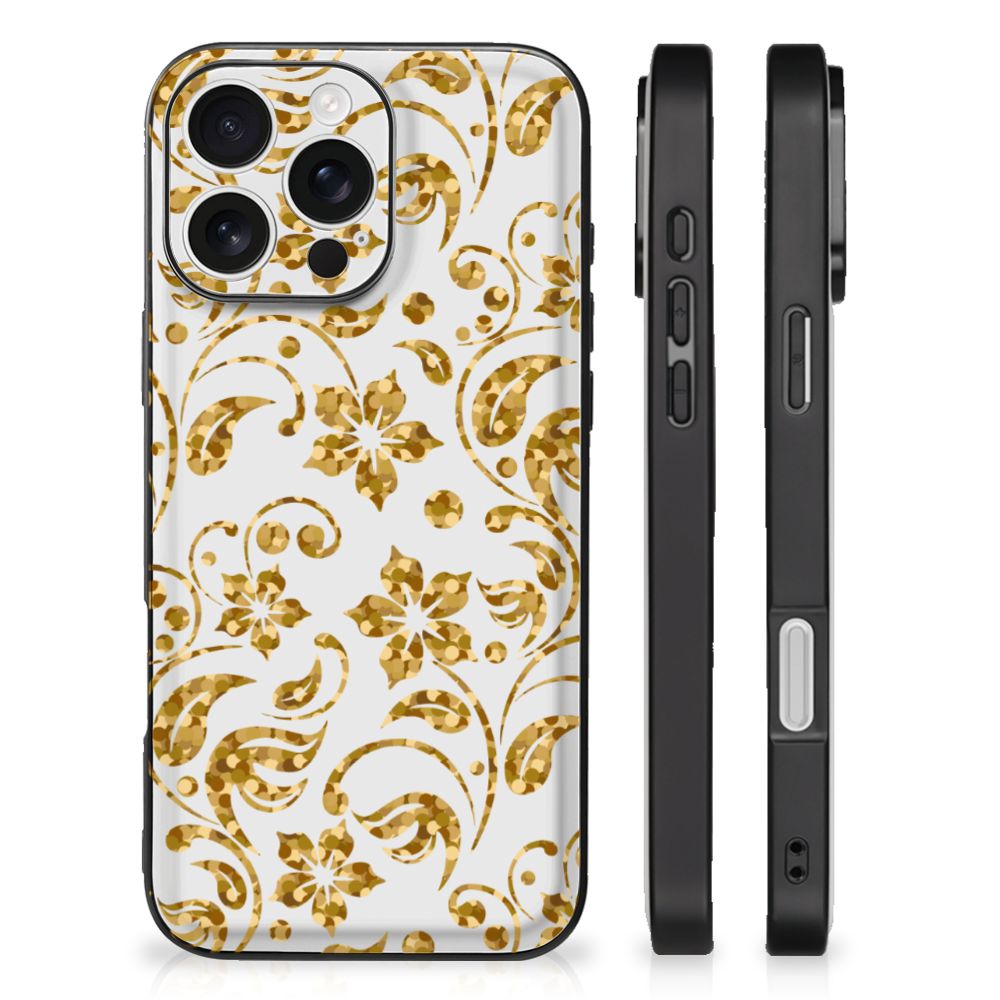 Apple iPhone 16 Pro iPhone 16 Pro Bloemen Hoesje Gouden Bloemen achterkant zijkanten