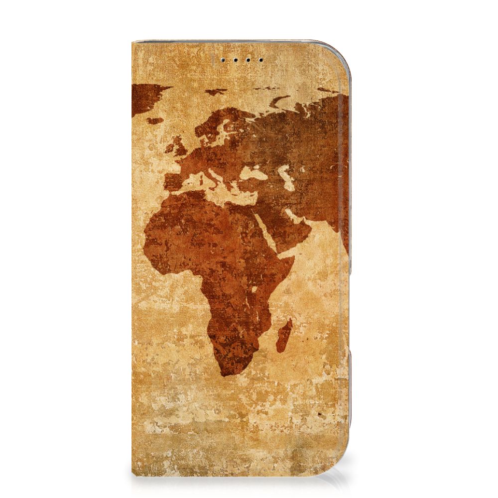 iPhone 16 Pro Book Cover Wereldkaart boekhoes wereldkaart bruin