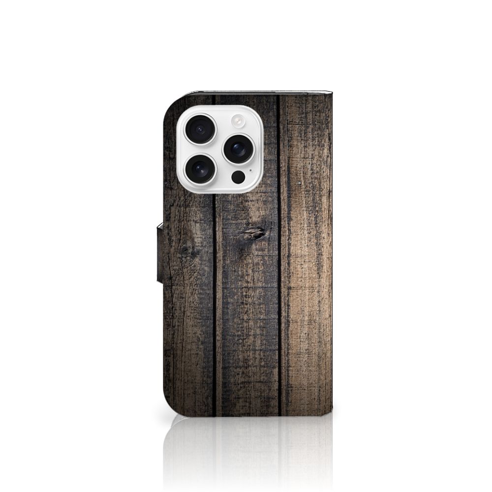 iPhone 16 Pro Book Style Case Steigerhout bookstyle zwarte steigerhouten structuur
