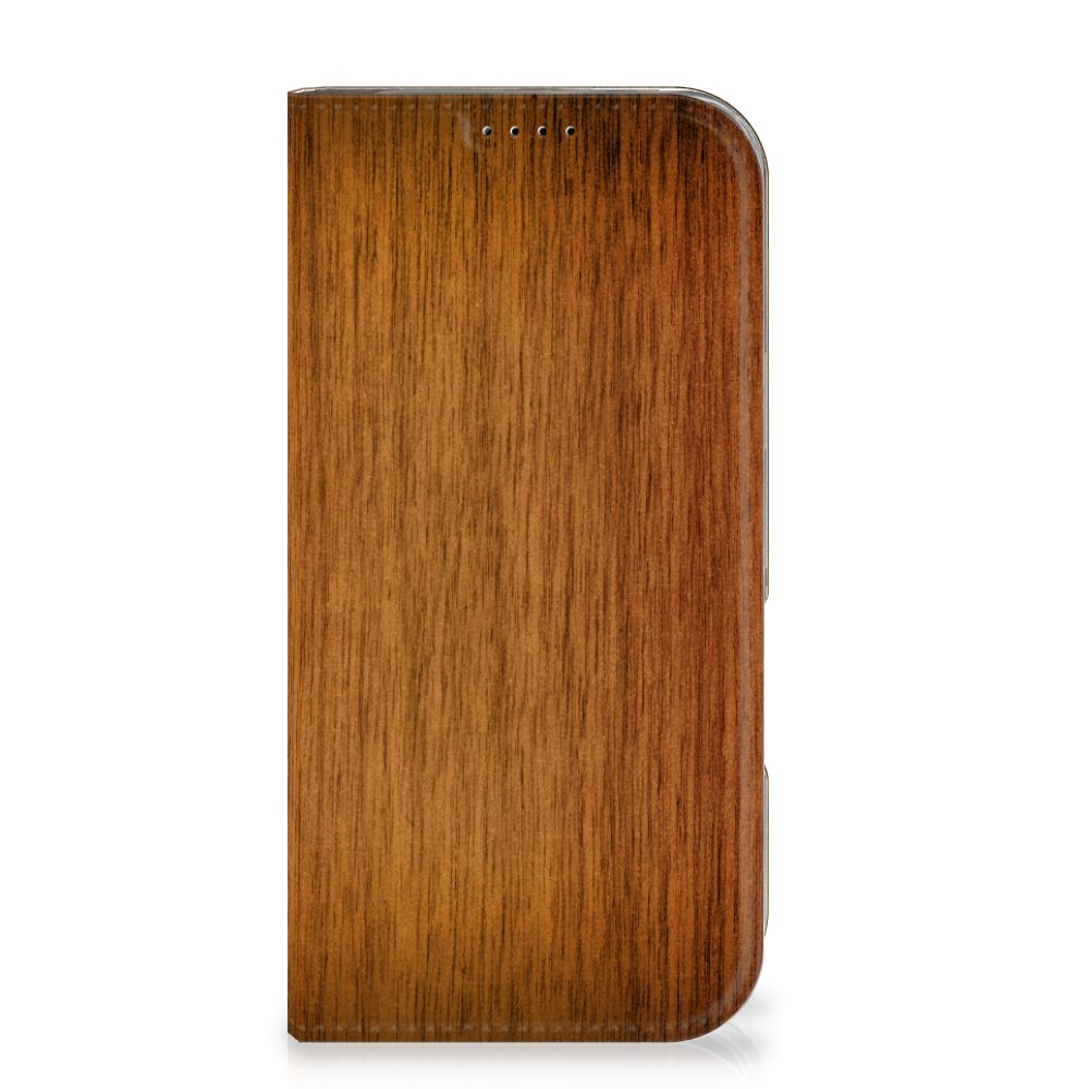 iPhone 16 Pro Book Wallet Case Donker Hout hoesje design donker hout aanzicht