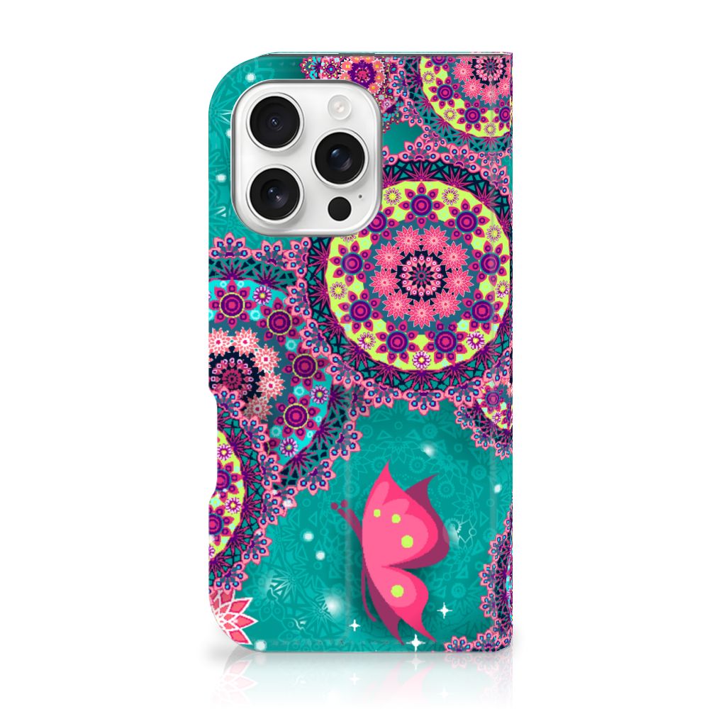 iPhone 16 Pro Bookcase Cirkels en Vlinders design Cirkels Vlinders voorkant