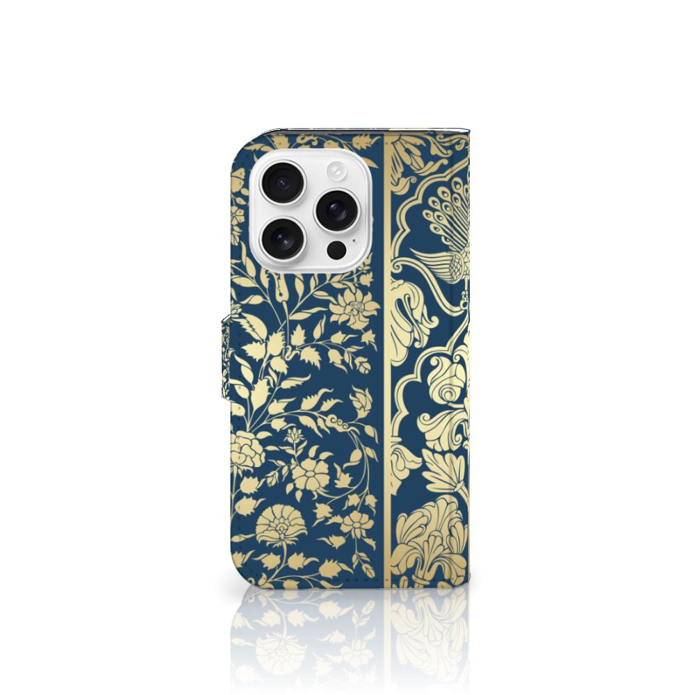 iPhone 16 Pro Hoesje Beige Flowers design met bloemen donkerblauw aanzicht