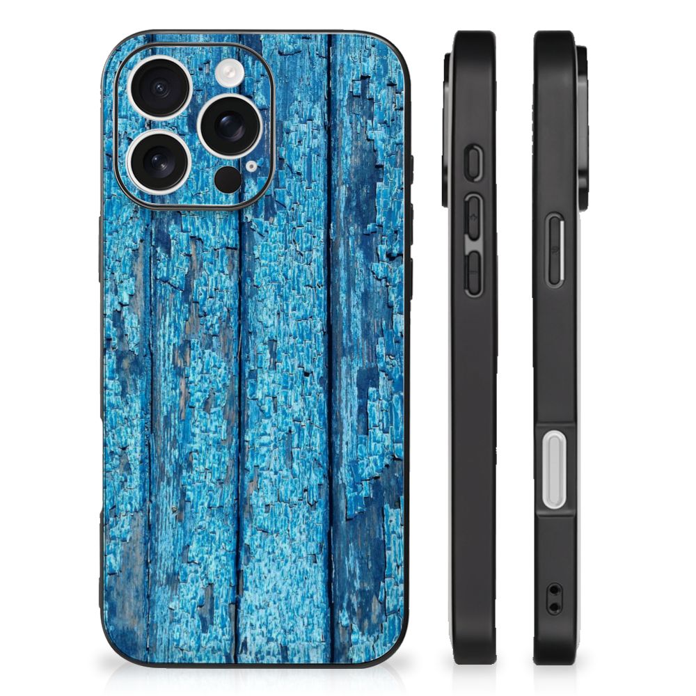 Apple iPhone 16 Pro Houten Print Telefoonhoesje Wood Blue achterkant aanzicht