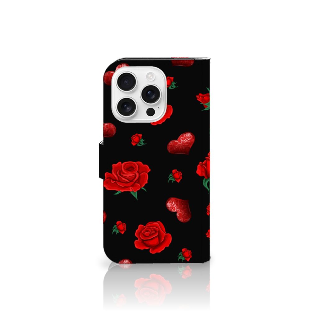 iPhone 16 Pro Leuk Hoesje Valentine boekhoes bloemen zwart