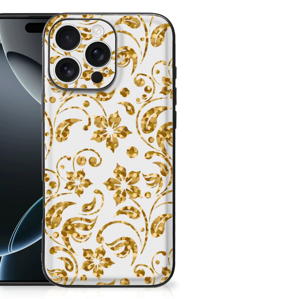 Apple iPhone 16 Pro Max Bloemen Hoesje Gouden Bloemen bloemenplantenprint achterzijde