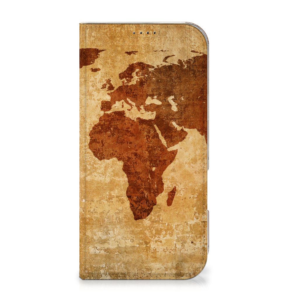 iPhone 16 Pro Max Book Cover Wereldkaart wereldkaart bruin vooraanzicht