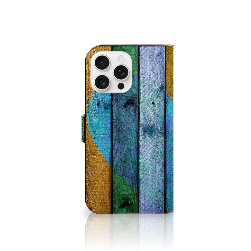 iPhone 16 Pro Max Book Style Case Wood Heart voorkant kleur zacht