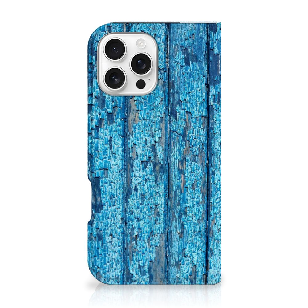 iPhone 16 Pro Max Book Wallet Case Wood Blue afgebladderd helder blauw voorkant