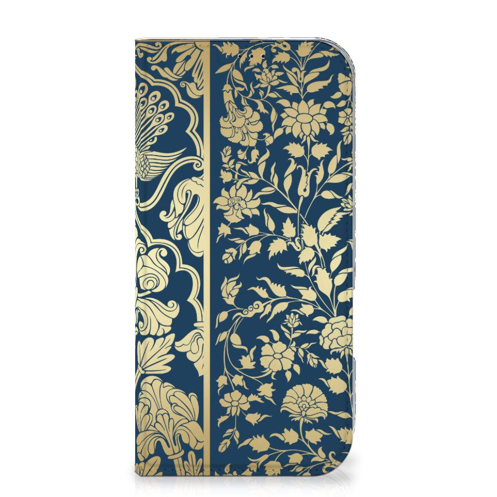 iPhone 16 Pro Max Smart Cover Beige Flowers hoesje beige bloemen donkerblauwe achtergrond
