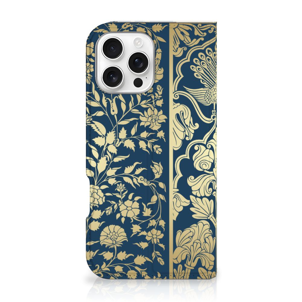 iPhone 16 Pro Max Smart Cover Beige Flowers achterzijde beige bloemen donkerblauw