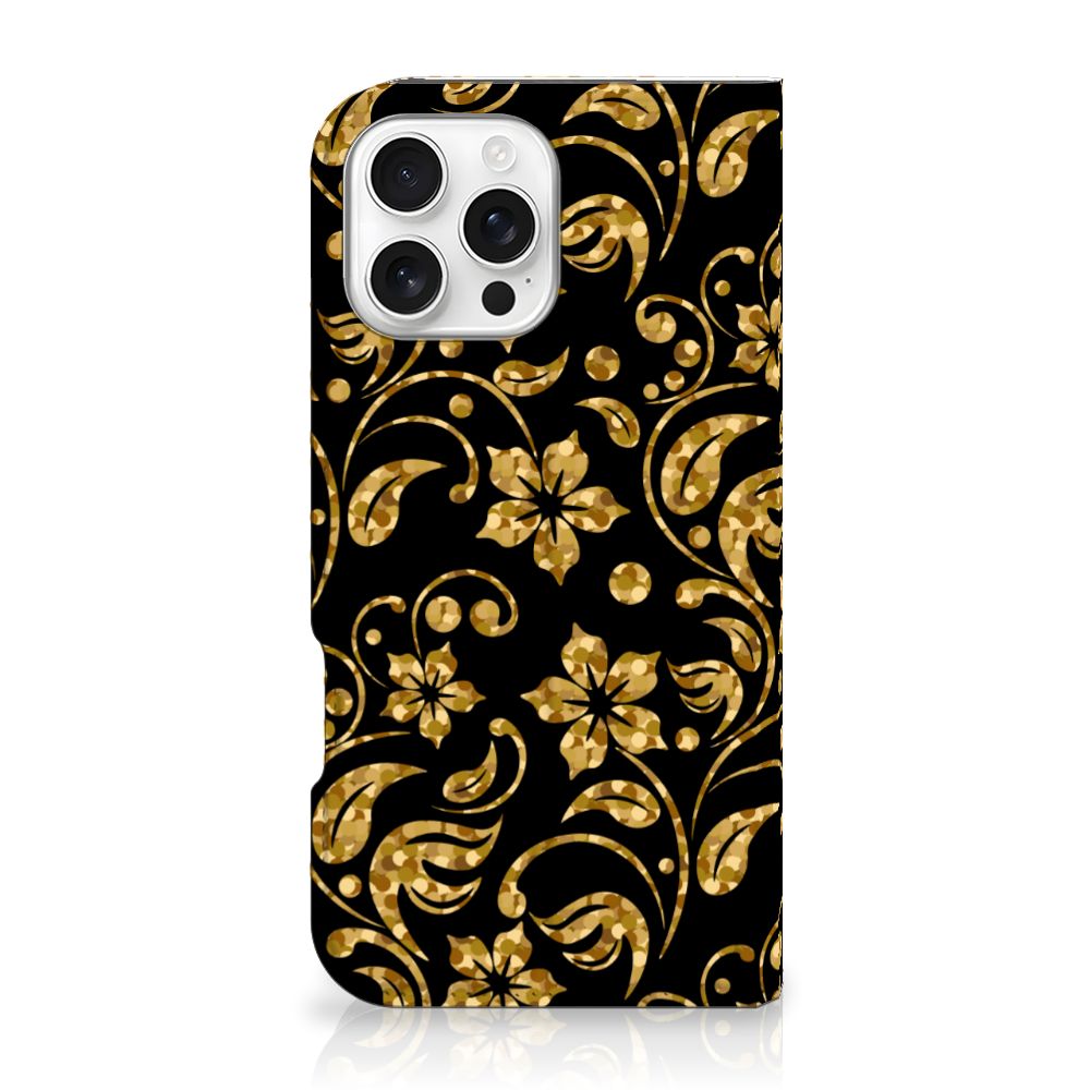 iPhone 16 Pro Max Smart Cover Gouden Bloemen bloemen zwart design vooraanzicht