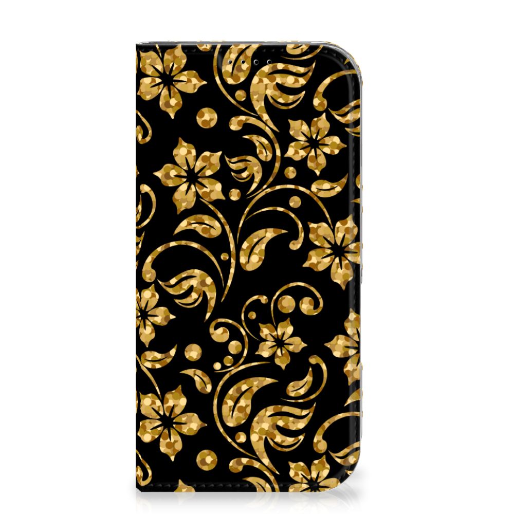 iPhone 16 Pro Smart Cover Gouden Bloemen bloemen zwart design voorkant