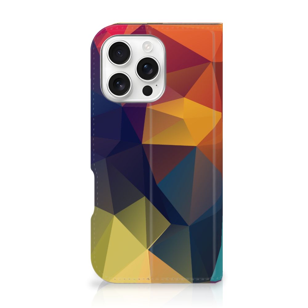 iPhone 16 Pro Stand Case Polygon Color design kleurrijke driehoeken aanzicht