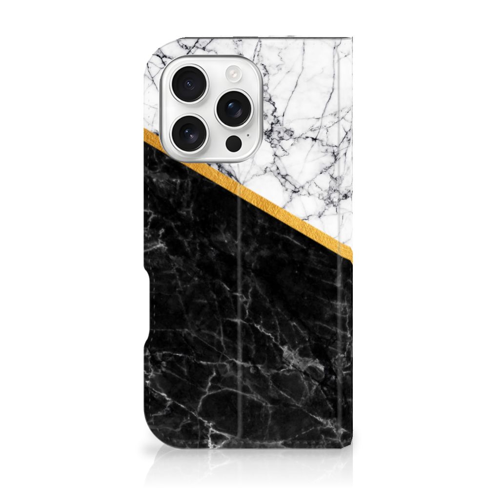 iPhone 16 Pro Standcase Marmer Wit Zwart Origineel Cadeau Man design zwartwit marmer aanzicht