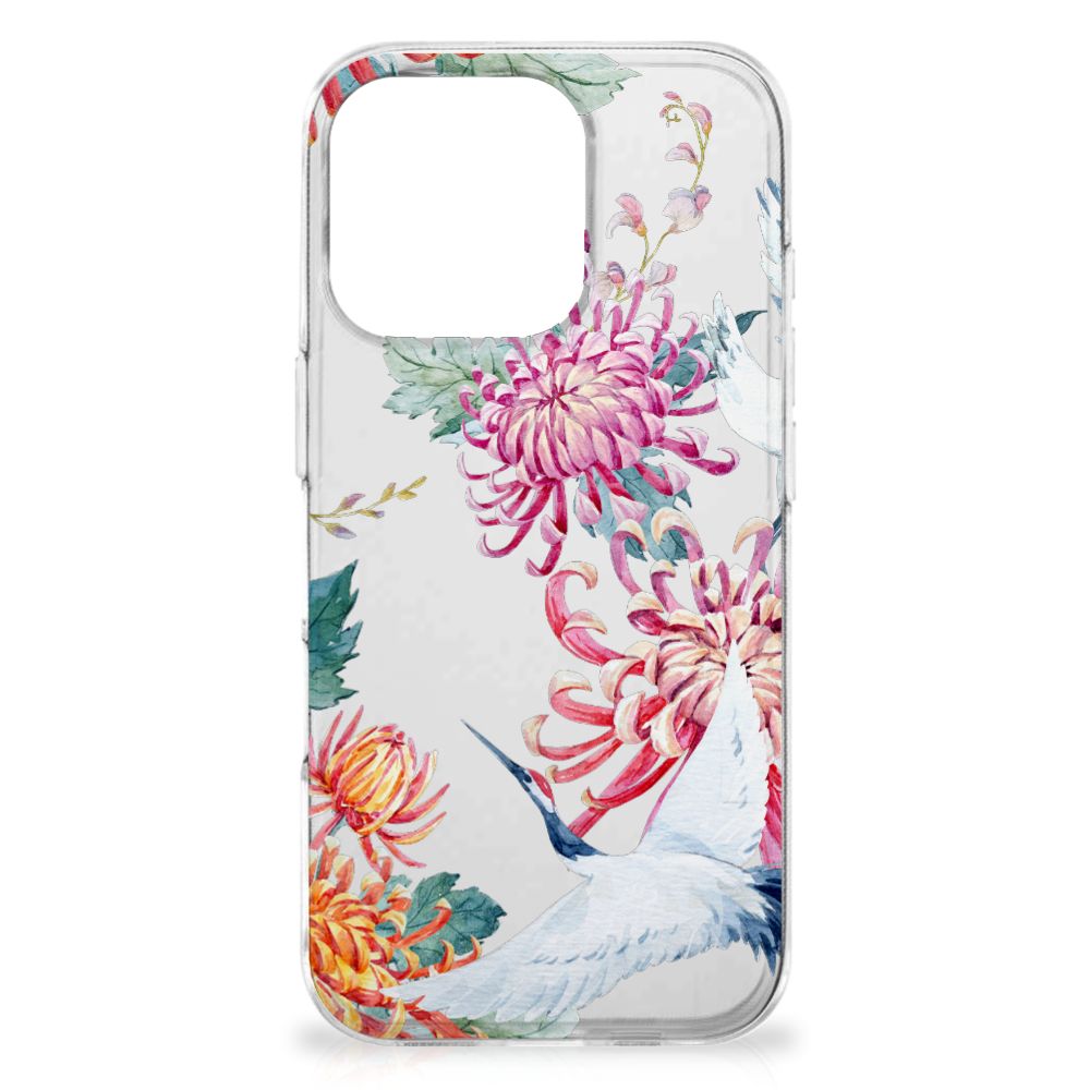 iPhone 16 Pro TPU Hoesje Bird Flowers bloemen ooievaar zij aanzicht