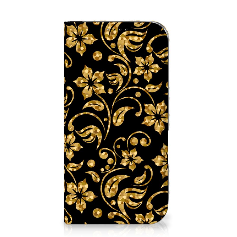 iPhone 16 Smart Cover Gouden Bloemen telefoonhoesje bloemen zwart goud