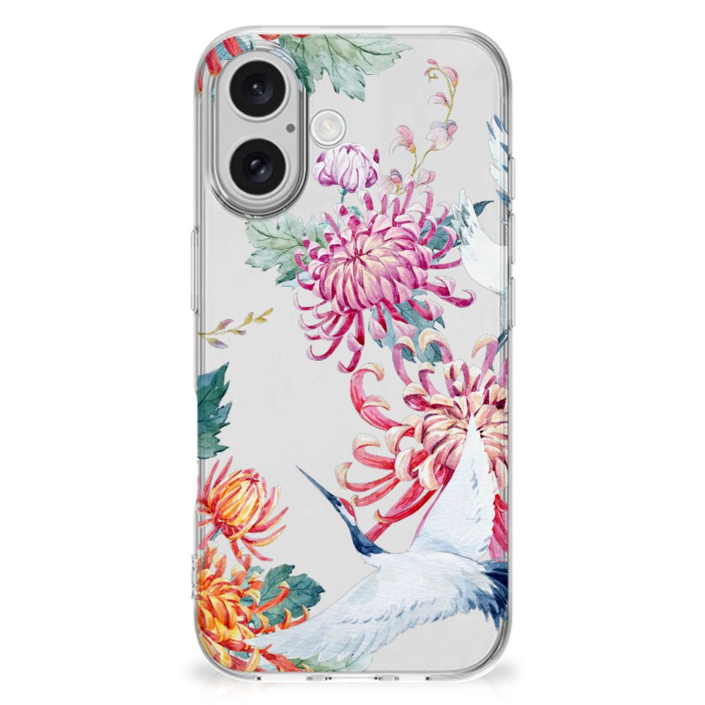 iPhone 16 TPU Hoesje Bird Flowers bloemen ooievaars achterkant