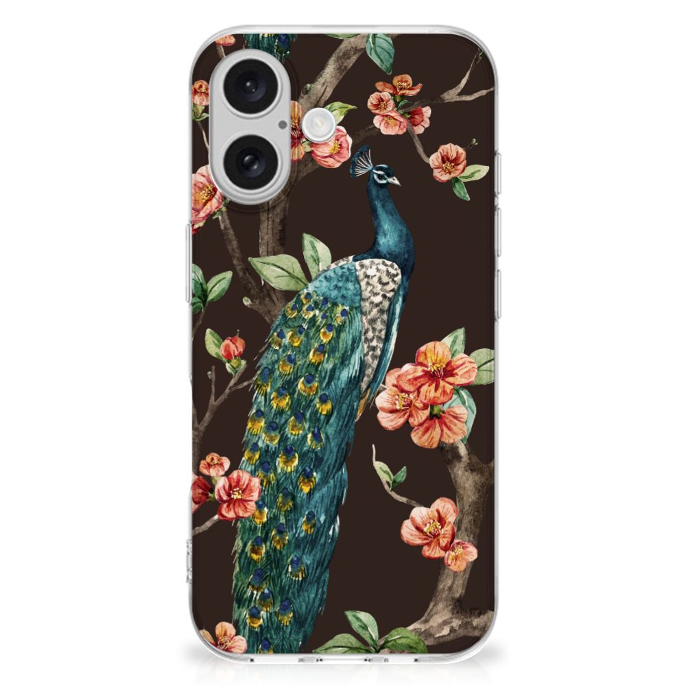 Apple iPhone 16 TPU Hoesje Pauw met Bloemen pauw bloemen design voorzijde