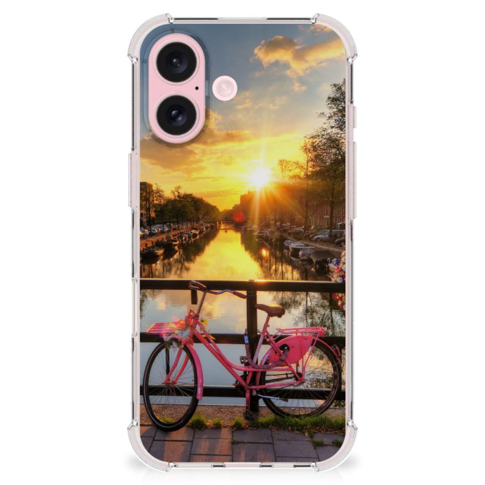iPhone 16 Telefoonhoesje met valbescherming Amsterdamse Grachten fiets zonsondergang