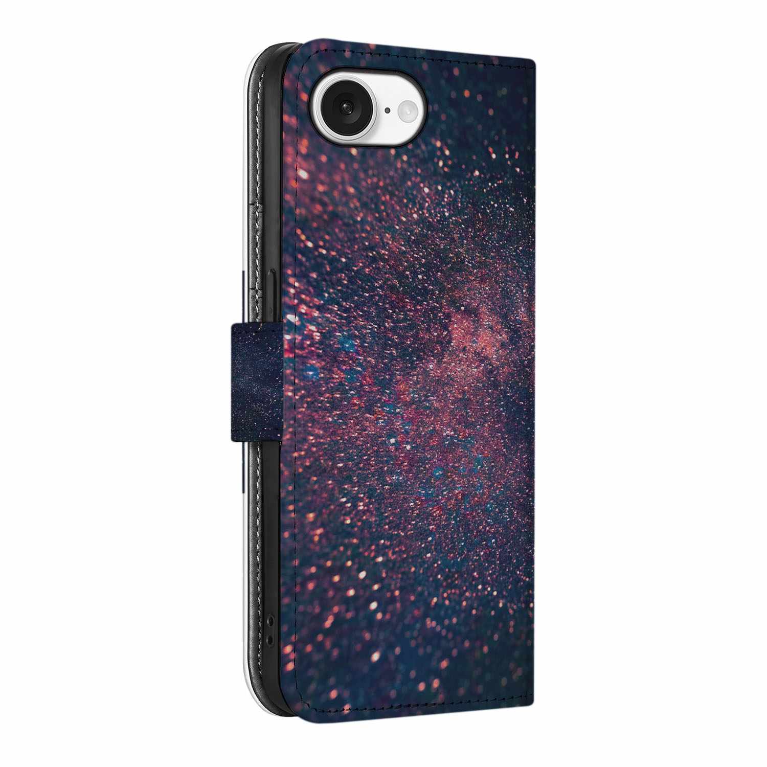 iPhone 16e Book Case Stars design glitters zwart paars blauw